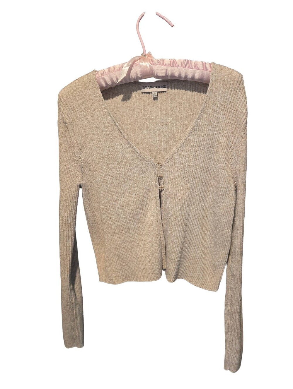 Willow & Wind Neutral Cropped Ribbed Sweater Top in Light Taupe, Size Large